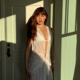 Natalie Lim Suarez-Aveline White Sleeveless Lace Maxi Kaftan | Moeva | Beachwear Dresses | Each week unveils new pieces—luxury swimwear, fluid resort silhouettes, and elevated summer-to-evening essentials designed to carry you from coastal escapes to city nights.