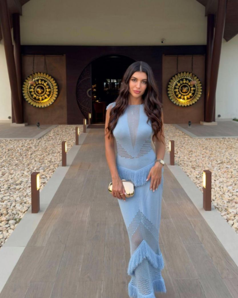 Olga Mikhaylova - Maris Baby Blue Knitted Maxi Dress with Fringe and Open Back | Moeva | Dress | Each week unveils new pieces—luxury swimwear, fluid resort silhouettes, and elevated summer-to-evening essentials designed to carry you from coastal escapes to city nights.