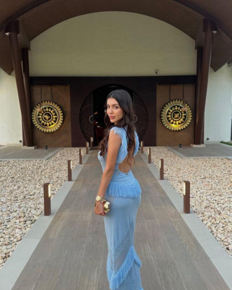 Olga Mikhaylova - Maris Baby Blue Knitted Maxi Dress with Fringe and Open Back | Moeva | Dress | Each week unveils new pieces—luxury swimwear, fluid resort silhouettes, and elevated summer-to-evening essentials designed to carry you from coastal escapes to city nights.