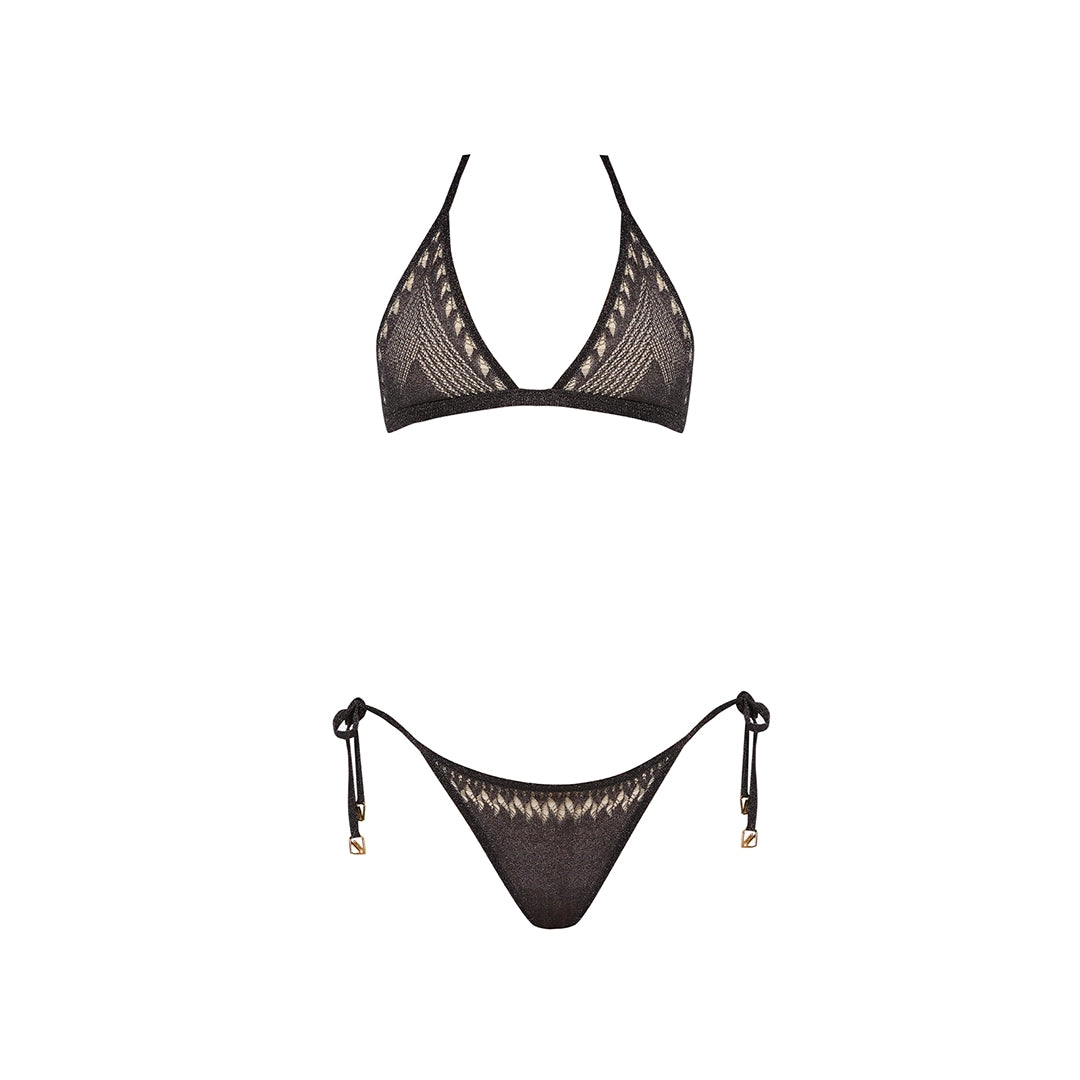 Isola Black Metallic Knit Triangle Low Waist Bikini Set | Moeva | Bikini Top | Each week unveils new pieces—luxury swimwear, fluid resort silhouettes, and elevated summer-to-evening essentials designed to carry you from coastal escapes to city nights.