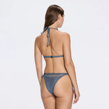 Isola Blue Metallic Knit Triangle Low Waist Bikini Set | Moeva | Bikini Set | Each week unveils new pieces—luxury swimwear, fluid resort silhouettes, and elevated summer-to-evening essentials designed to carry you from coastal escapes to city nights.