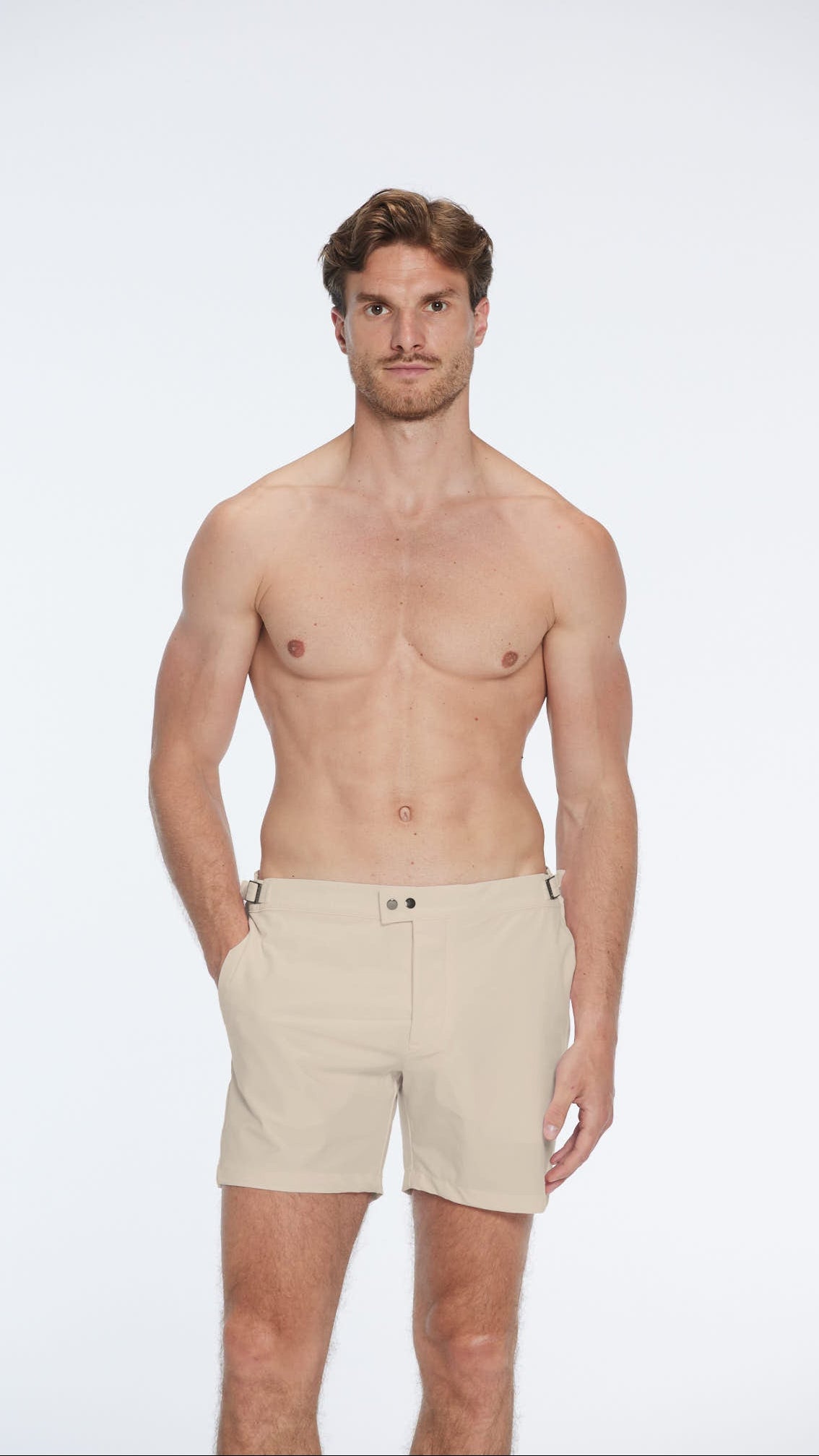 Jack Khaki Bulldog Swim Shorts | Moeva | Men Swim Stretch Shorts | Each week unveils new pieces—luxury swimwear, fluid resort silhouettes, and elevated summer-to-evening essentials designed to carry you from coastal escapes to city nights.