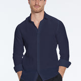 James Dark Blue Linen Slim-Fit Shirt | Moeva | Men Classic Collar Shirts | Each week unveils new pieces—luxury swimwear, fluid resort silhouettes, and elevated summer-to-evening essentials designed to carry you from coastal escapes to city nights.
