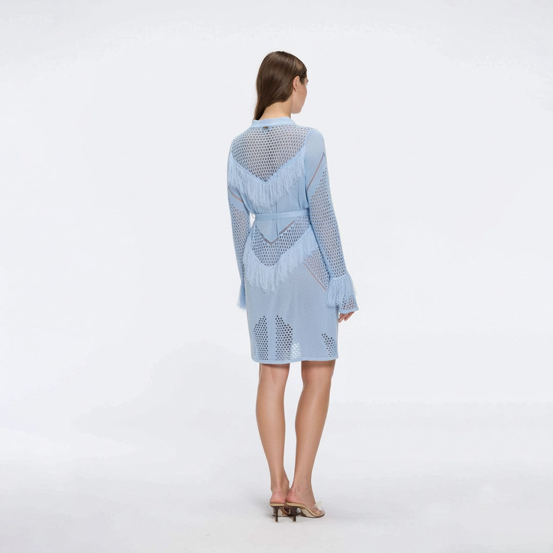 Kenga Knitted Knee-Length Long-Sleeve Belted Baby Blue Kaftan | Moeva | Kaftan | Each week unveils new pieces—luxury swimwear, fluid resort silhouettes, and elevated summer-to-evening essentials designed to carry you from coastal escapes to city nights.