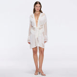 Kenga Knitted Knee-Length Long-Sleeve Belted White Kaftan | Moeva | Kaftan | Each week unveils new pieces—luxury swimwear, fluid resort silhouettes, and elevated summer-to-evening essentials designed to carry you from coastal escapes to city nights.