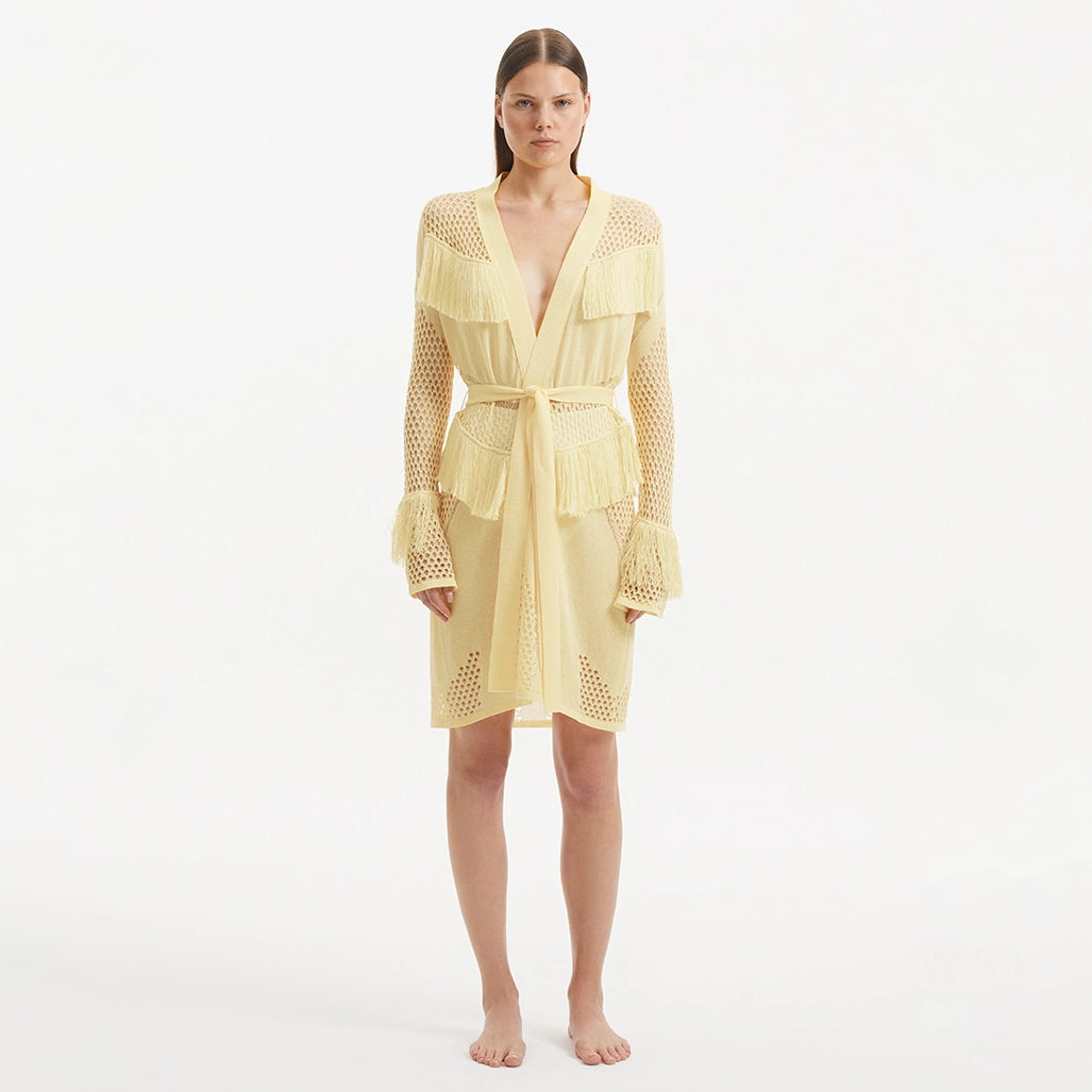 Kenga Knitted Knee-Length Long-Sleeve Belted Yellow Kaftan | Moeva | Kaftan | Each week unveils new pieces—luxury swimwear, fluid resort silhouettes, and elevated summer-to-evening essentials designed to carry you from coastal escapes to city nights.