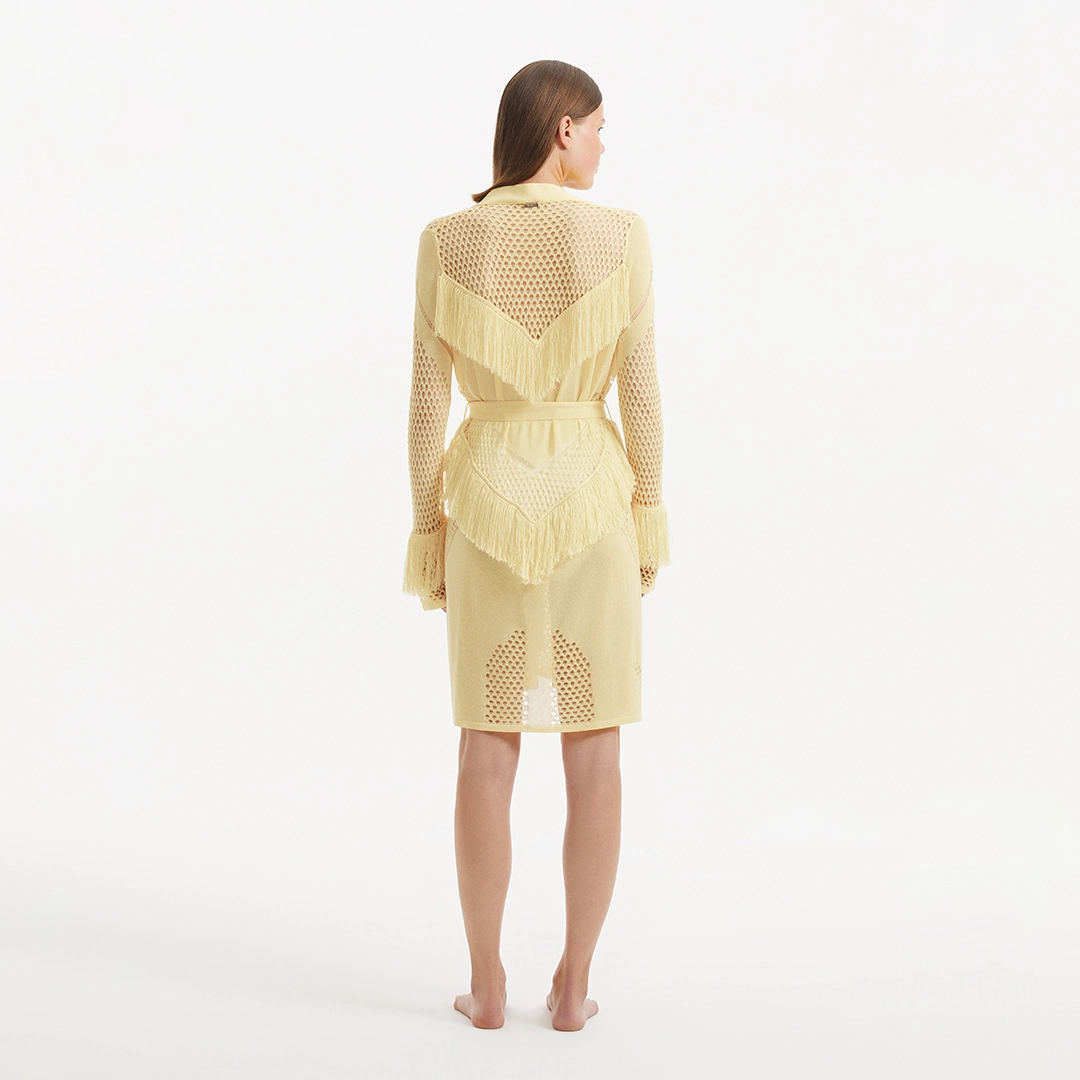 Kenga Knitted Knee-Length Long-Sleeve Belted Yellow Kaftan | Moeva | Kaftan | Each week unveils new pieces—luxury swimwear, fluid resort silhouettes, and elevated summer-to-evening essentials designed to carry you from coastal escapes to city nights.