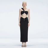 Lane One-Shoulder Black Crop Top and Esmeralda Maxi Skirt with Front Ruched Detail | Moeva | Set | Each week unveils new pieces—luxury swimwear, fluid resort silhouettes, and elevated summer-to-evening essentials designed to carry you from coastal escapes to city nights.