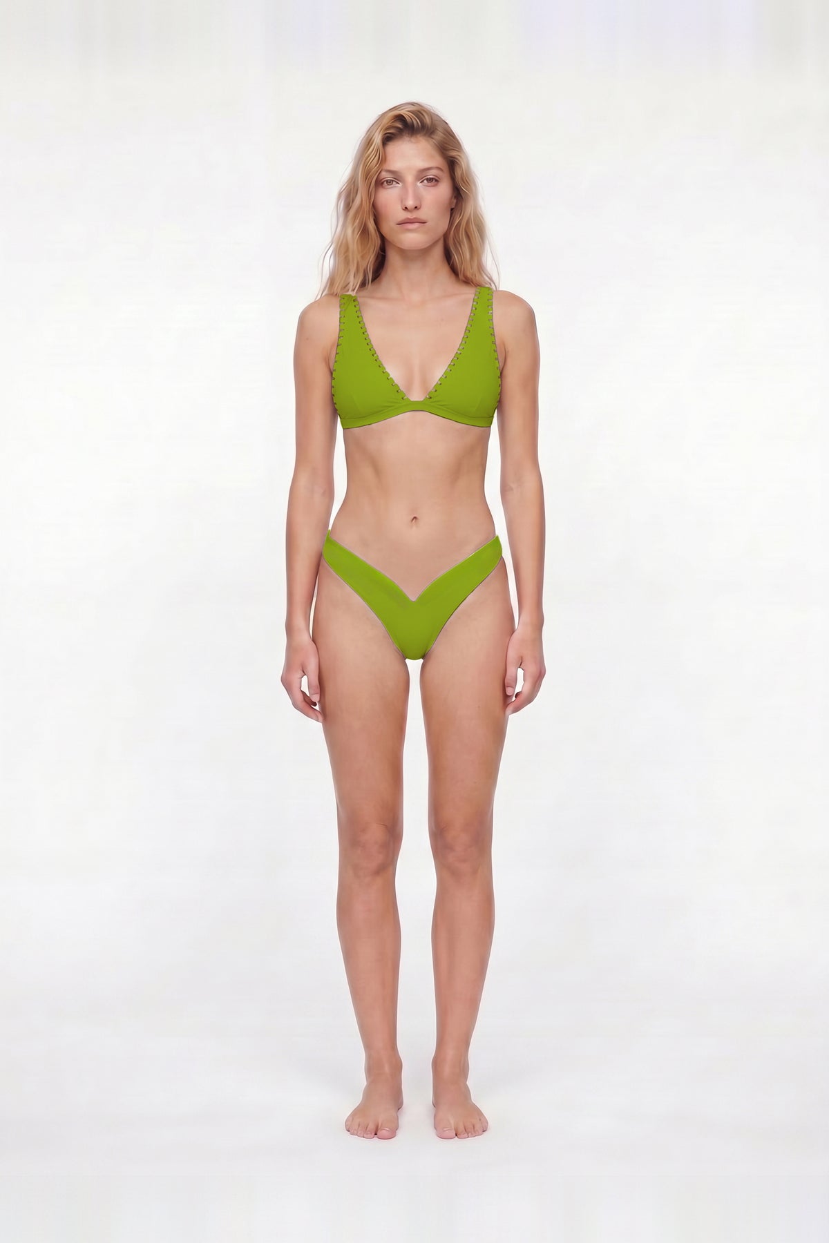 Liorenne Green V-Cut Low Waisted Bikini Bottom by Moeva | Bikini Bottom from MOEVA's luxury swimwear and resortwear collection, perfect for beach days, resort escapes and summer styling.