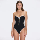 Lourmarin Black Underwired Gold Button Detail Swimsuit | Moeva | Swimsuit | Each week unveils new pieces—luxury swimwear, fluid resort silhouettes, and elevated summer-to-evening essentials designed to carry you from coastal escapes to city nights.