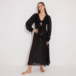 Lula Silk Blouson-Sleeve Belted Sheer Black Maxi Dress | Moeva | Dress | Each week unveils new pieces—luxury swimwear, fluid resort silhouettes, and elevated summer-to-evening essentials designed to carry you from coastal escapes to city nights.