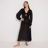 Lula Silk Blouson-Sleeve Belted Sheer Black Maxi Dress | Moeva | Dress | Each week unveils new pieces—luxury swimwear, fluid resort silhouettes, and elevated summer-to-evening essentials designed to carry you from coastal escapes to city nights.