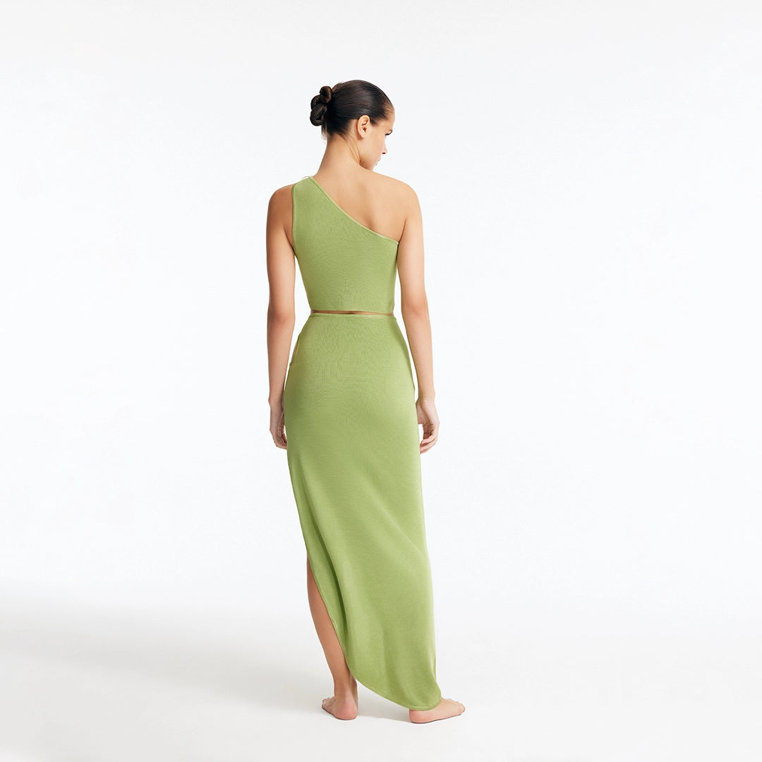 Eila Green One Shoulder Knitted Crop Top and Lyndon Green Knitted Skirt with Side Slit | Moeva | Set | Each week unveils new pieces—luxury swimwear, fluid resort silhouettes, and elevated summer-to-evening essentials designed to carry you from coastal escapes to city nights.