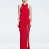 Front view of model wearing Louisa Red Maxi Dress with high neck, sleeveless design, and buckle detail.