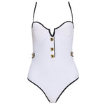 Lourmarin White Underwired Gold Button Detail Swimsuit | Moeva | Swimsuit | Each week unveils new pieces—luxury swimwear, fluid resort silhouettes, and elevated summer-to-evening essentials designed to carry you from coastal escapes to city nights.