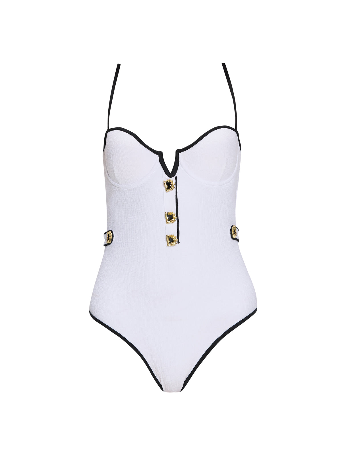 Lourmarin White Underwired Gold Button Detail Swimsuit | Moeva | Swimsuit | Each week unveils new pieces—luxury swimwear, fluid resort silhouettes, and elevated summer-to-evening essentials designed to carry you from coastal escapes to city nights.