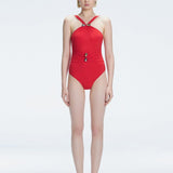 Natalie Lim Suarez - Lyra Red Halter Swimsuit | Moeva | One-Piece | Each week unveils new pieces—luxury swimwear, fluid resort silhouettes, and elevated summer-to-evening essentials designed to carry you from coastal escapes to city nights.