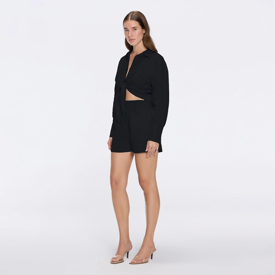 Masha Black Linen Short | Moeva | Shorts | Each week unveils new pieces—luxury swimwear, fluid resort silhouettes, and elevated summer-to-evening essentials designed to carry you from coastal escapes to city nights.
