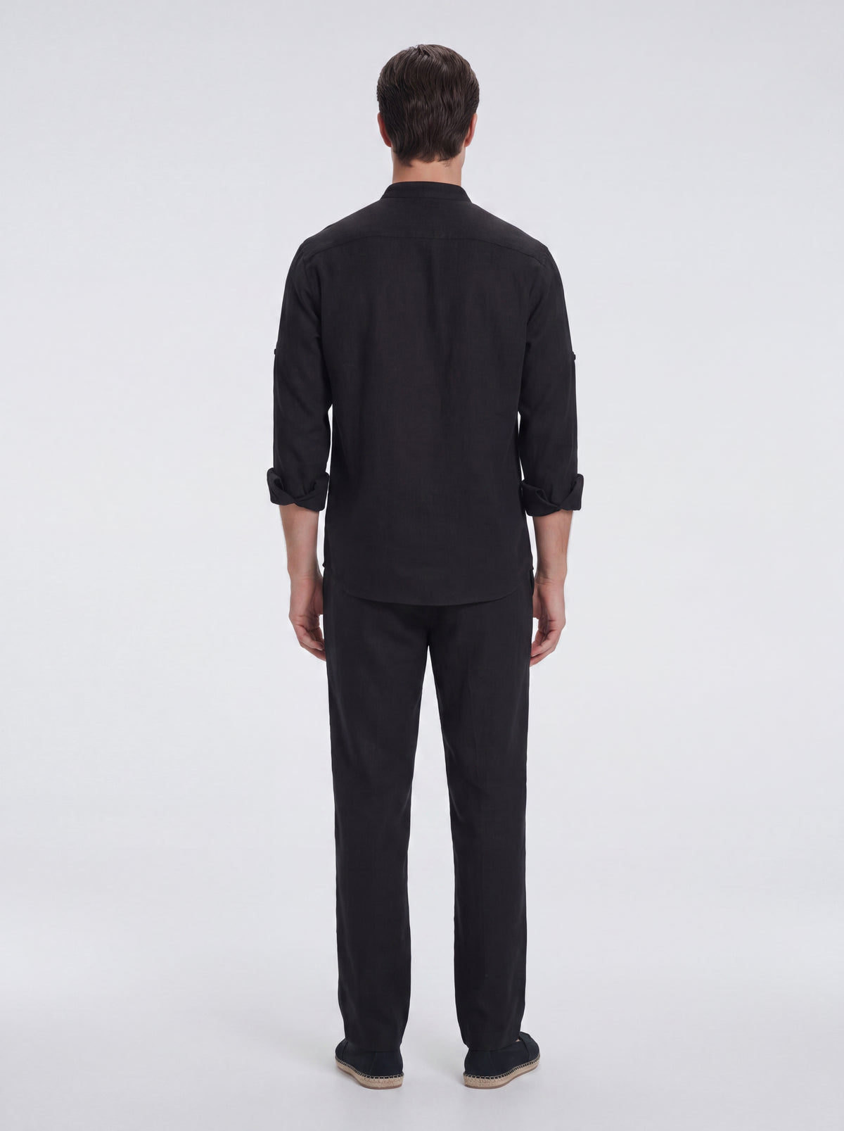Matteo Black Linen Half-Placket Band Collar Shirt | Moeva | Shirt | Each week unveils new pieces—luxury swimwear, fluid resort silhouettes, and elevated summer-to-evening essentials designed to carry you from coastal escapes to city nights.
