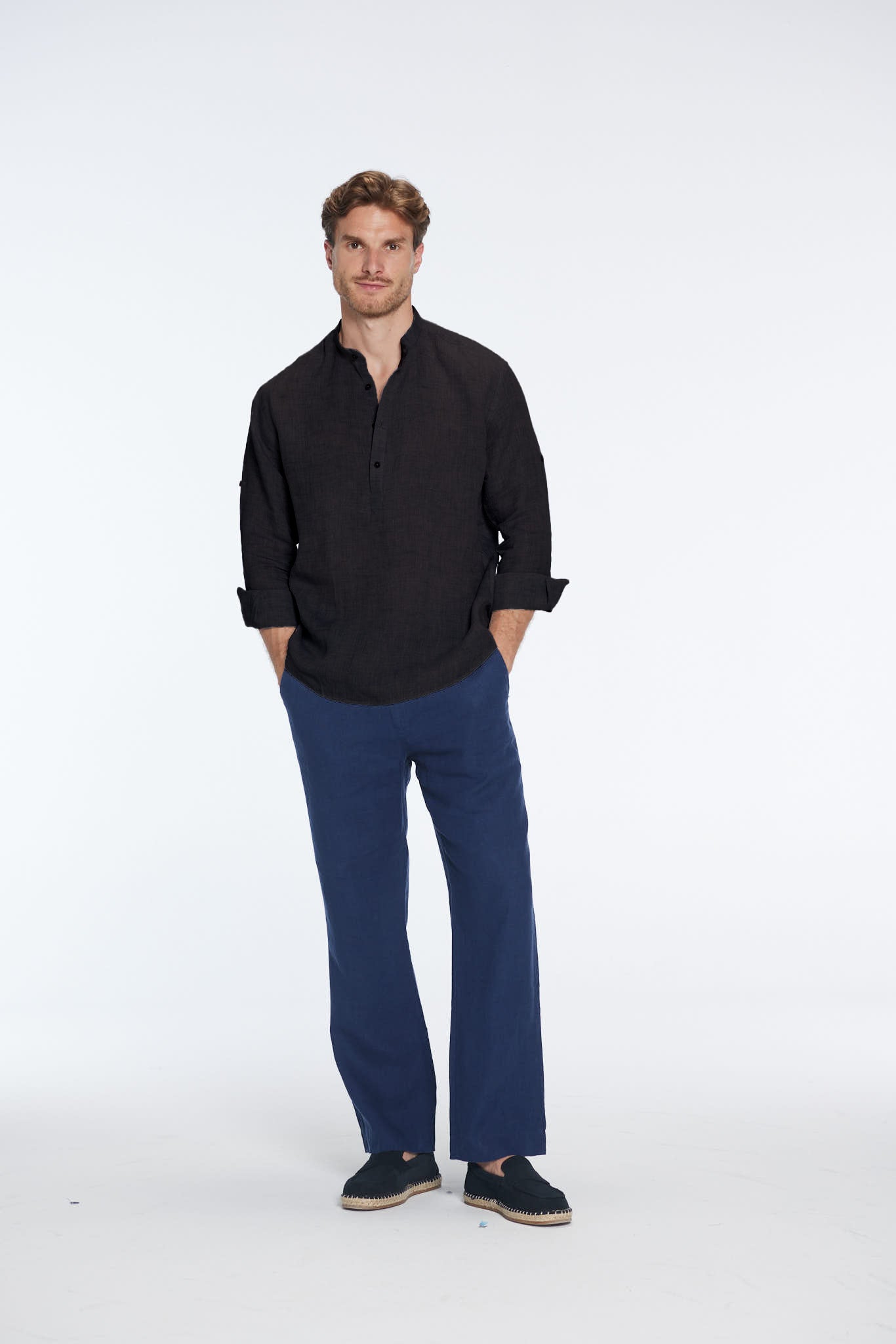 Matteo Black Linen Half-Placket Band Collar Shirt | Moeva | Men Mandarin Collar Shirts | Each week unveils new pieces—luxury swimwear, fluid resort silhouettes, and elevated summer-to-evening essentials designed to carry you from coastal escapes to city nights.