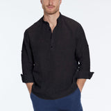 Matteo Black Linen Half-Placket Band Collar Shirt | Moeva | Men Mandarin Collar Shirts | Each week unveils new pieces—luxury swimwear, fluid resort silhouettes, and elevated summer-to-evening essentials designed to carry you from coastal escapes to city nights.