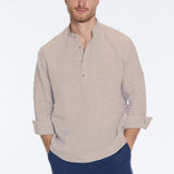 Matteo Khaki Linen Half-Placket Band Collar Shirt | Moeva | Men Mandarin Collar Shirts | Each week unveils new pieces—luxury swimwear, fluid resort silhouettes, and elevated summer-to-evening essentials designed to carry you from coastal escapes to city nights.