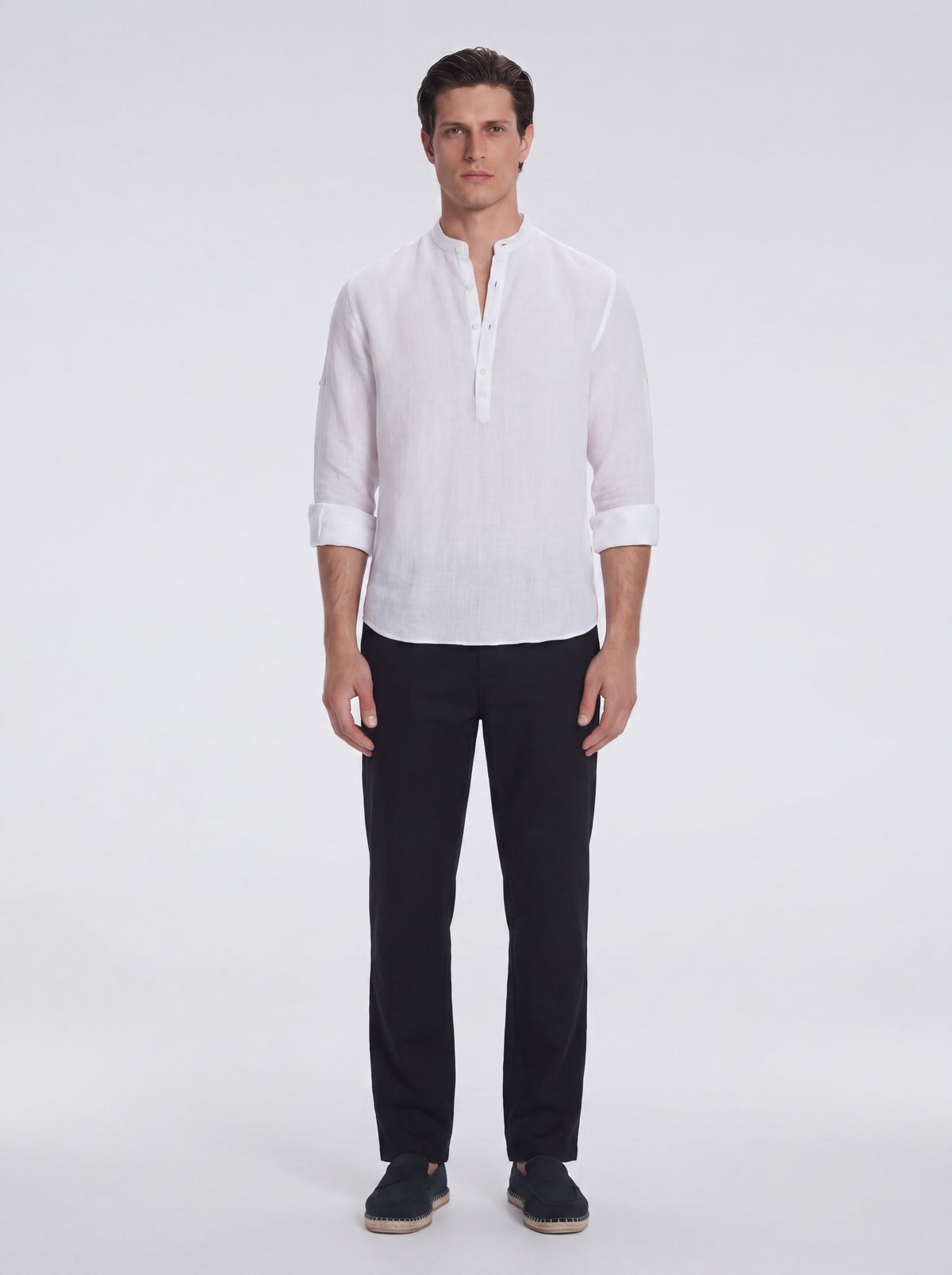 Matteo White Linen Half-Placket Band Collar Shirt | Moeva | Shirt | Each week unveils new pieces—luxury swimwear, fluid resort silhouettes, and elevated summer-to-evening essentials designed to carry you from coastal escapes to city nights.