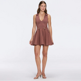 Meditara Brown Knit Mini Dress with Flared Skirt and Gold Button Details | Moeva | Dress | Each week unveils new pieces—luxury swimwear, fluid resort silhouettes, and elevated summer-to-evening essentials designed to carry you from coastal escapes to city nights.
