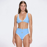 Merrin Blue-White V Neck High Waist Textured Bikini Set | Moeva | Bikini Set | Each week unveils new pieces—luxury swimwear, fluid resort silhouettes, and elevated summer-to-evening essentials designed to carry you from coastal escapes to city nights.