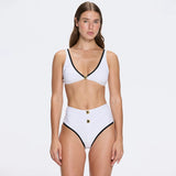 Merrin White-Black High Waist Buttoned Bikini Bottom | Moeva | Bikini Bottom | Each week unveils new pieces—luxury swimwear, fluid resort silhouettes, and elevated summer-to-evening essentials designed to carry you from coastal escapes to city nights.