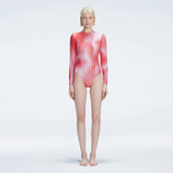 Mireya Red Optical Long Sleeve Bodysuit | Moeva | One-Piece | Each week unveils new pieces—luxury swimwear, fluid resort silhouettes, and elevated summer-to-evening essentials designed to carry you from coastal escapes to city nights.