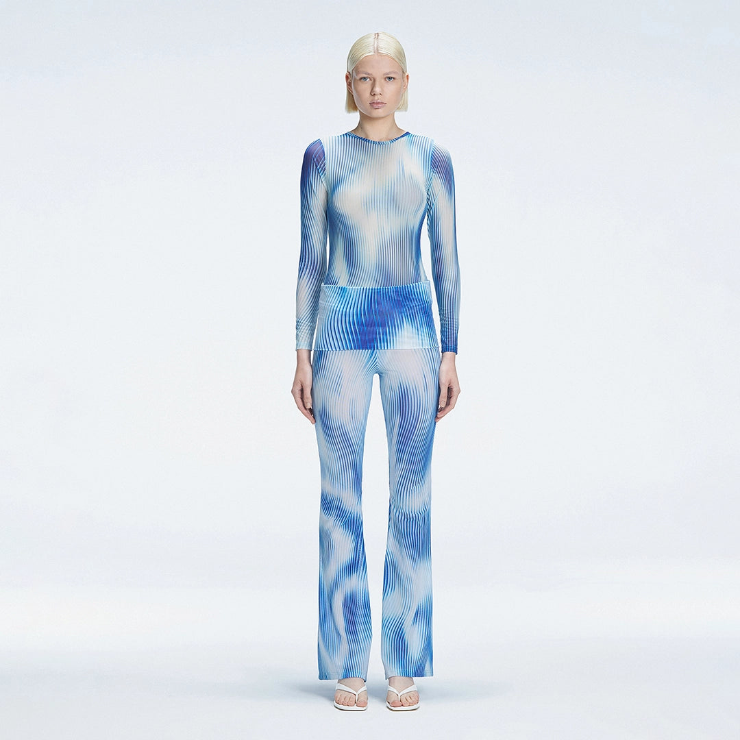 Mireya Bodysuit and Freya High Waist Pants Blue Optical Set | Moeva | Women Beachwear Pants | Each week unveils new pieces—luxury swimwear, fluid resort silhouettes, and elevated summer-to-evening essentials designed to carry you from coastal escapes to city nights.