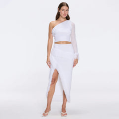 Alani White Fringe Detail Asymmetric Slit Midi Skirt | Moeva | Skirt | Each week unveils new pieces—luxury swimwear, fluid resort silhouettes, and elevated summer-to-evening essentials designed to carry you from coastal escapes to city nights.