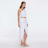 Monroe White One-Shoulder Knit Top with Fringe & Mesh Sleeve | Moeva | RTW Bustiers | Each week unveils new pieces—luxury swimwear, fluid resort silhouettes, and elevated summer-to-evening essentials designed to carry you from coastal escapes to city nights.