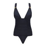 Griselda Black V-Neck Ruched Swimdress with Gold Detail | Moeva | One-Piece | Each week unveils new pieces—luxury swimwear, fluid resort silhouettes, and elevated summer-to-evening essentials designed to carry you from coastal escapes to city nights.