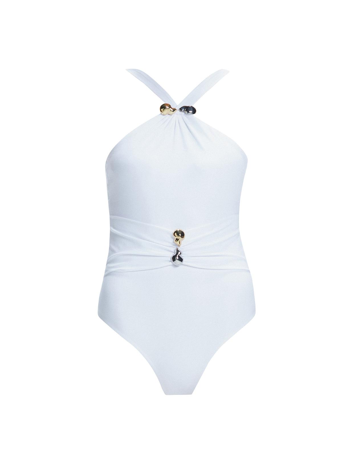 5eleven Mag Editorial - Lyra White Halter Swimsuit | Moeva | One-Piece | Each week unveils new pieces—luxury swimwear, fluid resort silhouettes, and elevated summer-to-evening essentials designed to carry you from coastal escapes to city nights.