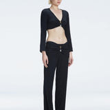 Sirenia Long Sleeve Crop Top and Helena Straight Leg Accessorised Pants Black Set | Moeva | Shirt and Pants | Each week unveils new pieces—luxury swimwear, fluid resort silhouettes, and elevated summer-to-evening essentials designed to carry you from coastal escapes to city nights.