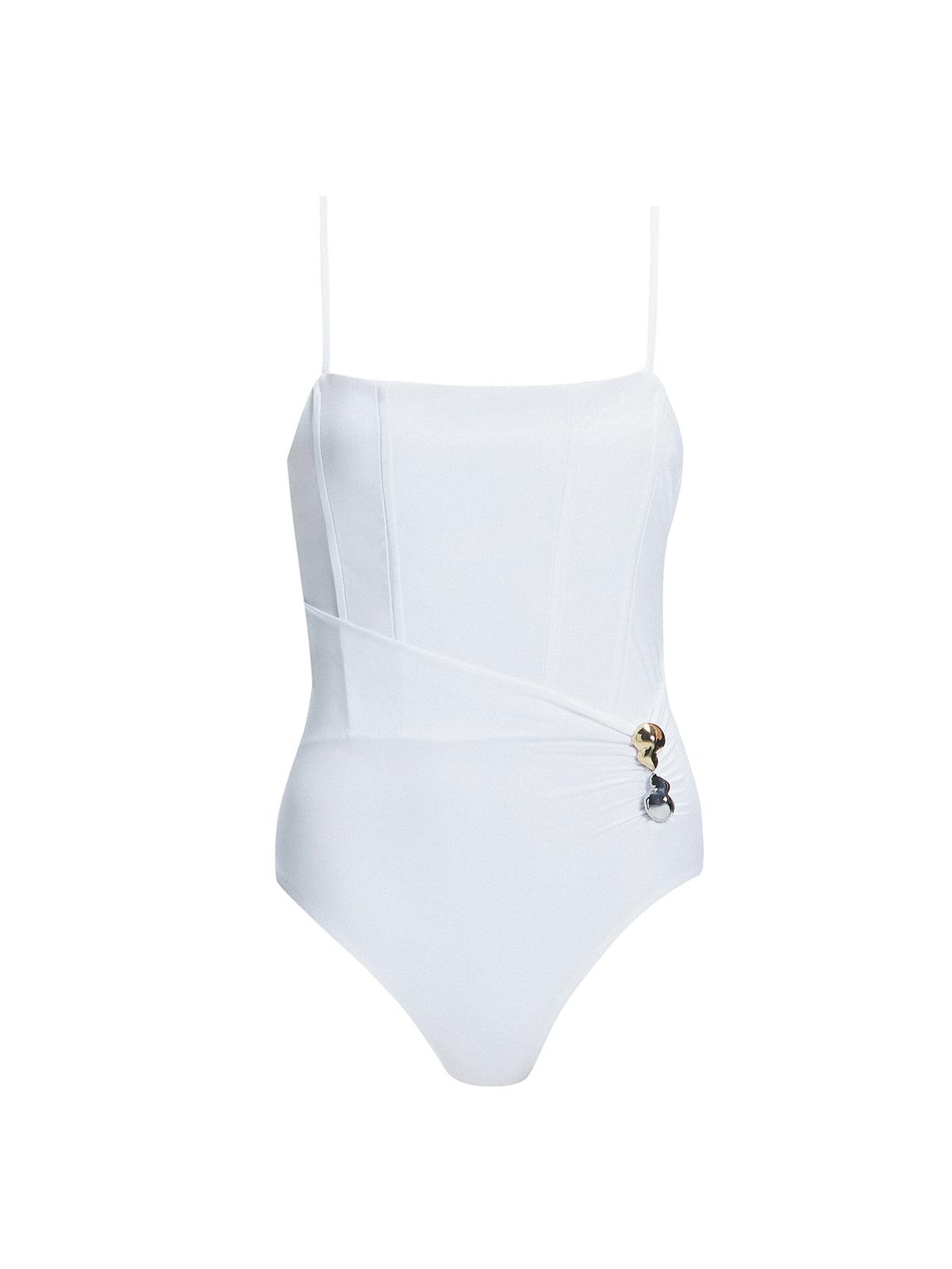 Marigold White Corset Square Neck Swimsuit | Moeva | One-Piece | Each week unveils new pieces—luxury swimwear, fluid resort silhouettes, and elevated summer-to-evening essentials designed to carry you from coastal escapes to city nights.