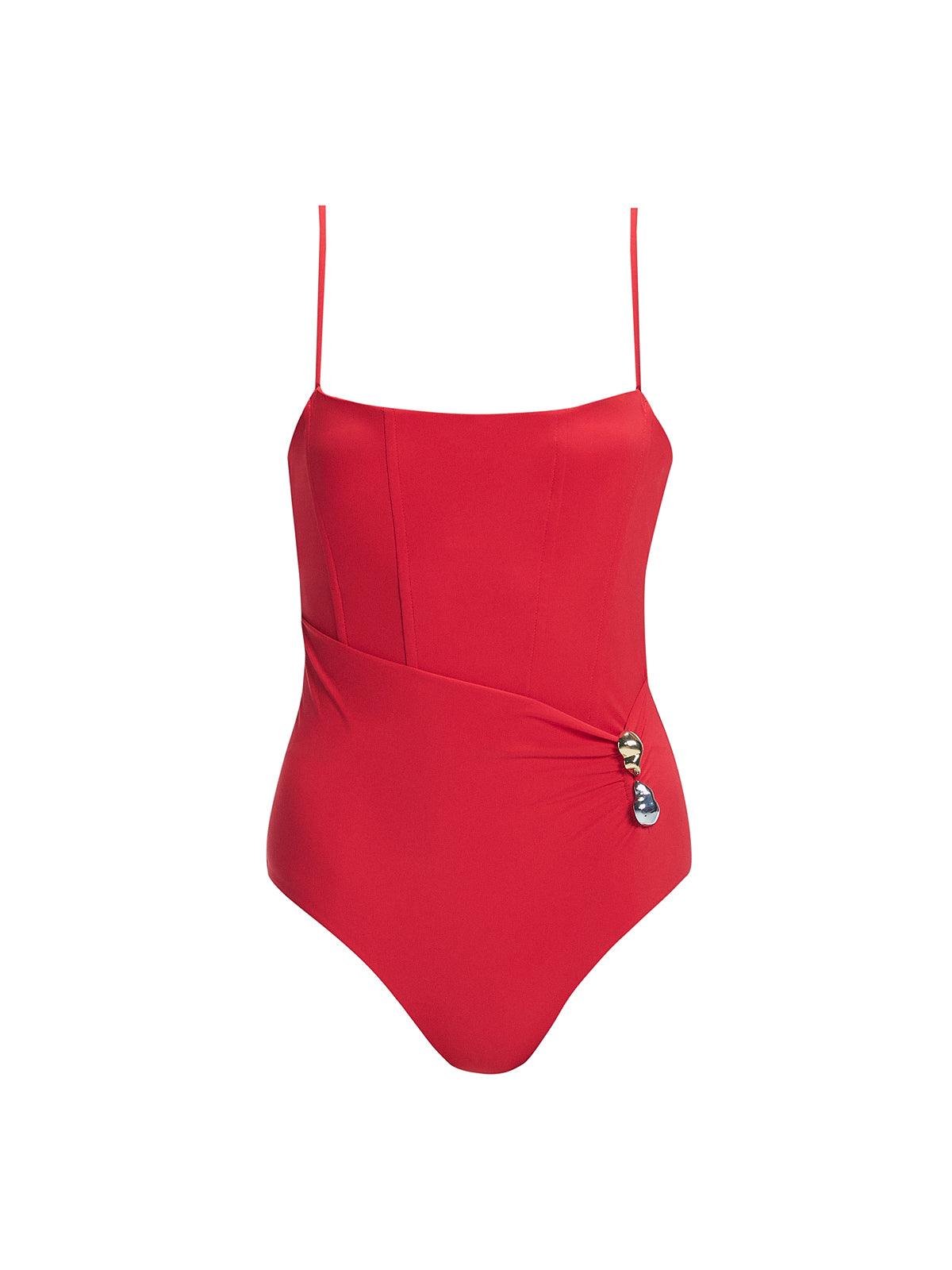 Marigold Red Corset Square Neck Swimsuit | Moeva | One-Piece | Each week unveils new pieces—luxury swimwear, fluid resort silhouettes, and elevated summer-to-evening essentials designed to carry you from coastal escapes to city nights.