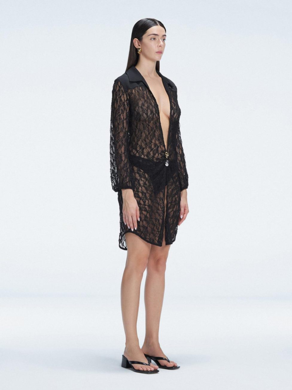 Althea Black Long Sleeve Lace Mini Kaftan | Moeva | Beachwear Dresses | Each week unveils new pieces—luxury swimwear, fluid resort silhouettes, and elevated summer-to-evening essentials designed to carry you from coastal escapes to city nights.