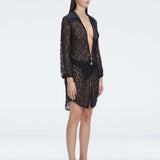 Althea Black Long Sleeve Lace Mini Kaftan | Moeva | Beachwear Dresses | Each week unveils new pieces—luxury swimwear, fluid resort silhouettes, and elevated summer-to-evening essentials designed to carry you from coastal escapes to city nights.