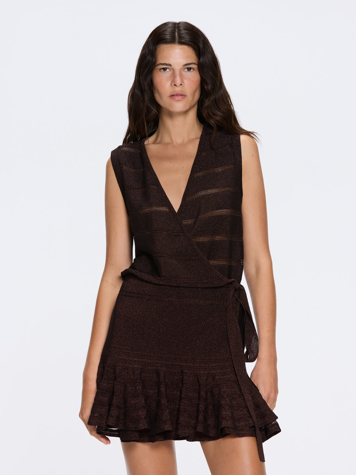 Menton Brown Metallic Sheer Knit V neck Mini Dress | Moeva | Dress | Each week unveils new pieces—luxury swimwear, fluid resort silhouettes, and elevated summer-to-evening essentials designed to carry you from coastal escapes to city nights.