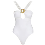Talia V Neck with Gold Detail Satin White Swimsuit | Moeva | Swimsuit | Each week unveils new pieces—luxury swimwear, fluid resort silhouettes, and elevated summer-to-evening essentials designed to carry you from coastal escapes to city nights.