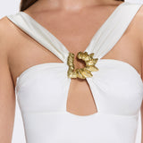 Talia V Neck with Gold Detail Satin White Swimsuit | Moeva | Swimsuit | Each week unveils new pieces—luxury swimwear, fluid resort silhouettes, and elevated summer-to-evening essentials designed to carry you from coastal escapes to city nights.