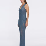 Biot Blue Metallic Knit V-Neck Gold Button-Down Dress | Moeva | Dress | Each week unveils new pieces—luxury swimwear, fluid resort silhouettes, and elevated summer-to-evening essentials designed to carry you from coastal escapes to city nights.