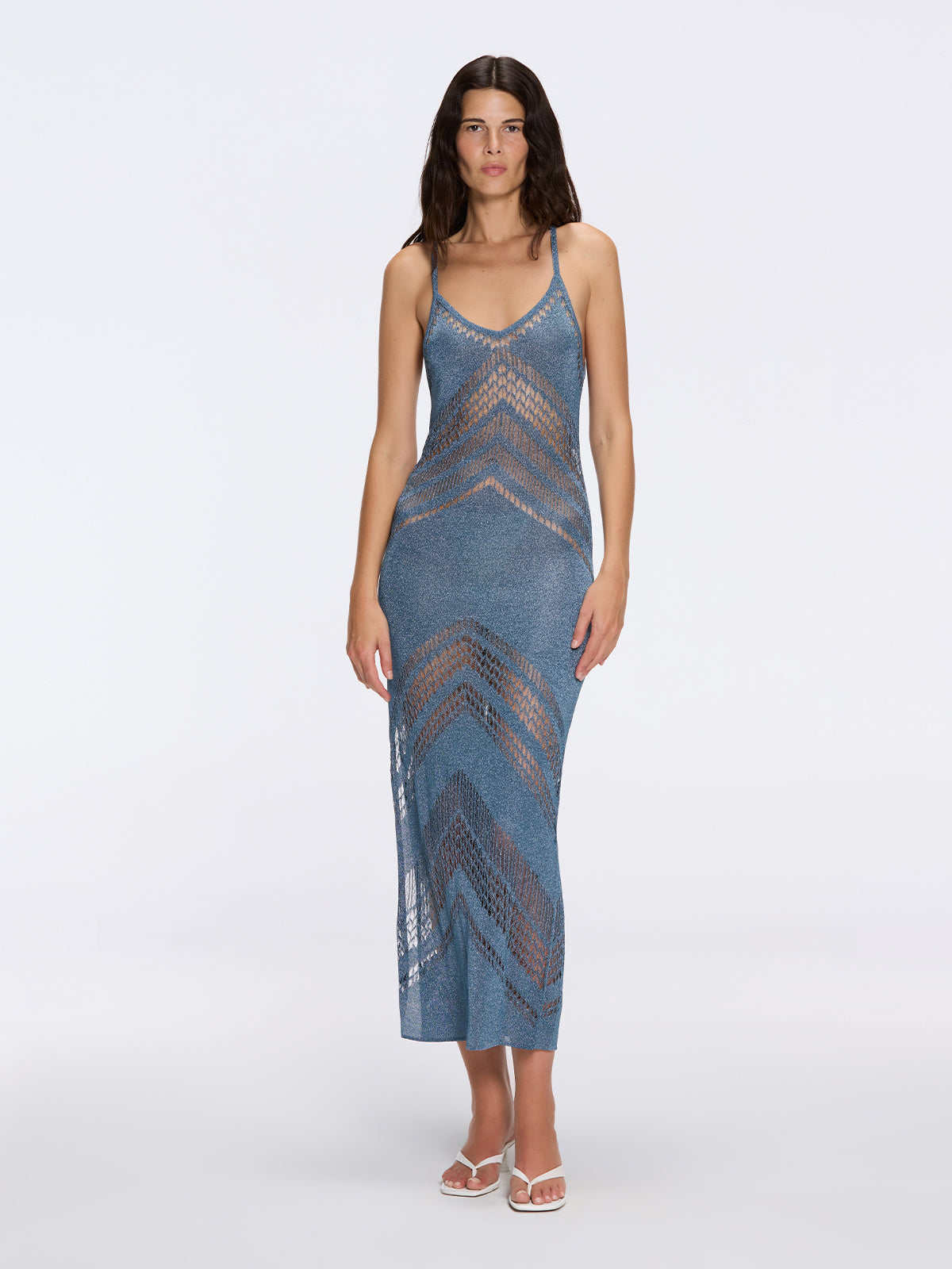 Beaulieu Blue Metallic Knit Maxi Dress with V-Neckline and Side Slit | Moeva | Dress | Each week unveils new pieces—luxury swimwear, fluid resort silhouettes, and elevated summer-to-evening essentials designed to carry you from coastal escapes to city nights.