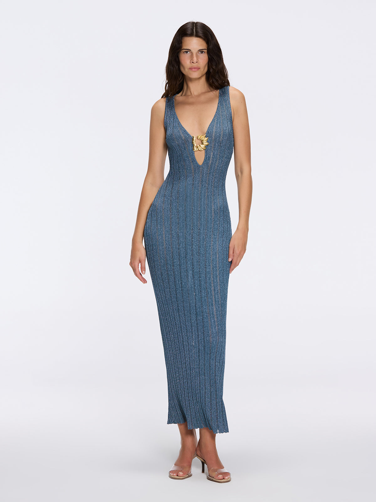 Antibes Blue Metallic Knit Deep V-Neck Maxi Dress with Gold Detail