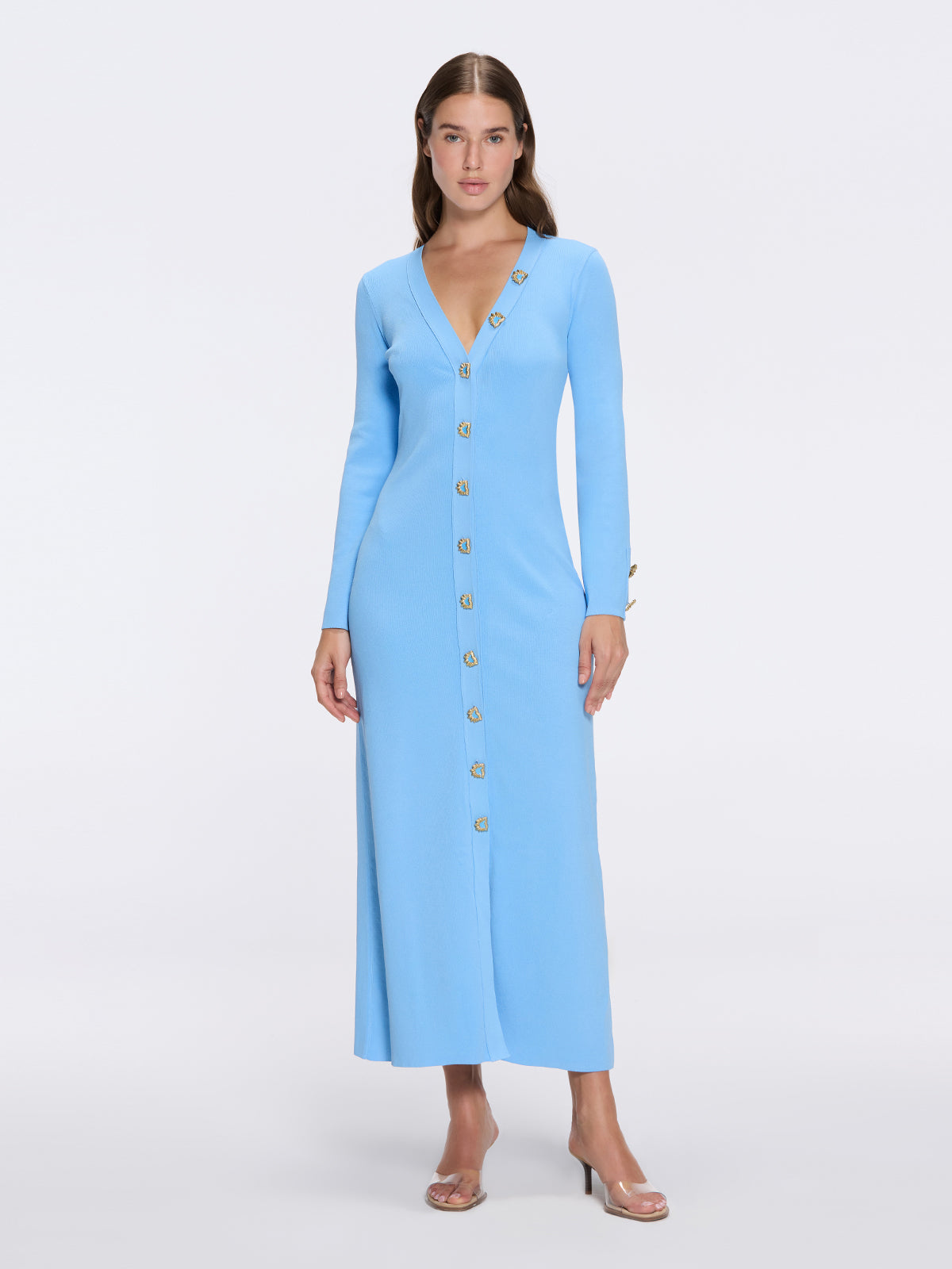 Brezia Blue Knitted Maxi Dress with Long Sleeves and Gold Button Details | Moeva | Dress | Each week unveils new pieces—luxury swimwear, fluid resort silhouettes, and elevated summer-to-evening essentials designed to carry you from coastal escapes to city nights.