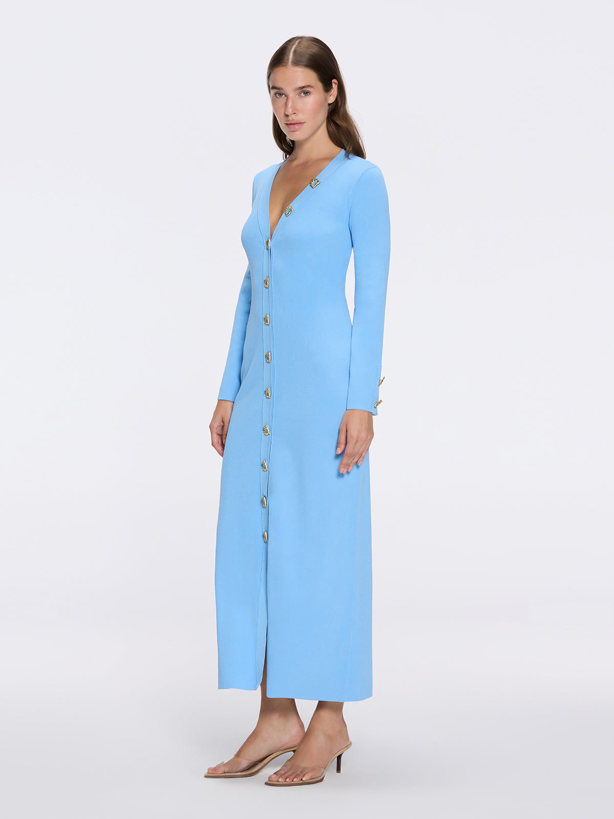 Brezia Blue Knitted Maxi Dress with Long Sleeves and Gold Button Details | Moeva | Dress | Each week unveils new pieces—luxury swimwear, fluid resort silhouettes, and elevated summer-to-evening essentials designed to carry you from coastal escapes to city nights.