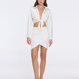 Greta White Satin Tie Front Shirt And Antonia Skirt Set | Moeva | Beachwear Tops | Each week unveils new pieces—luxury swimwear, fluid resort silhouettes, and elevated summer-to-evening essentials designed to carry you from coastal escapes to city nights.